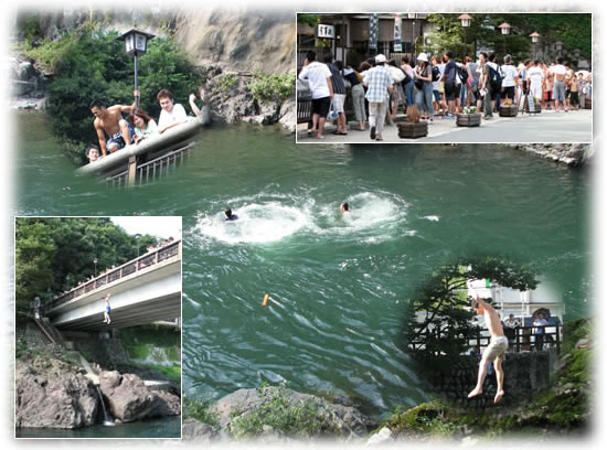 清流吉田川の新橋から、若者がダイビング！