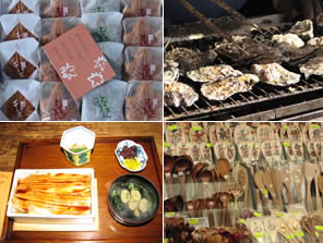 広島名物として知られる焼き立ての「もみじ饅頭」、香ばしい匂いが漂う「焼きカキ」、昼食に「穴子飯」が、楽しめるお店が軒を連ねています。