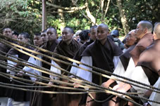 若い僧侶達で細い綱を引く