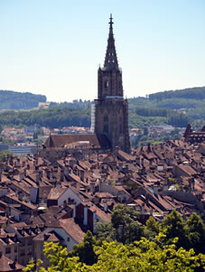 バラ園から旧市街地が眺められ ます。赤レンガの屋根が美しく、高く見えるのは、ベルン大聖堂です。