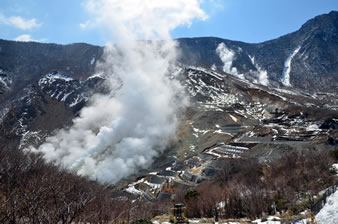 大涌谷は、約3000年前の箱根火山最後の爆発によってできた神山火口の爆裂跡で、荒涼とした大地には白煙が立ち込め、現在も火山活動の迫力を感じられます。