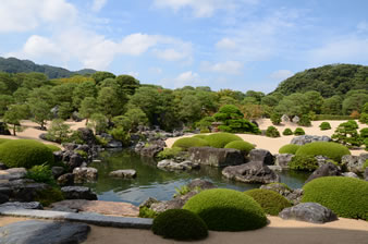 庭の奥には滝口が築かれ、その水が渓谷を流れるかのように曲折しながら、手前の大きな池へと注いでいます。石は鳥取県名産の佐治石。池を挟んで右側には黒松、左側には赤松が植栽されています。